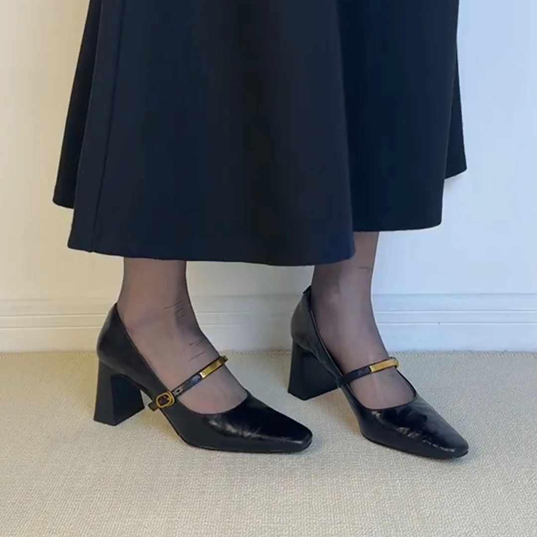2025新款一字带扣复古风百搭玛丽珍高跟鞋女浅口软皮粗跟气质单鞋