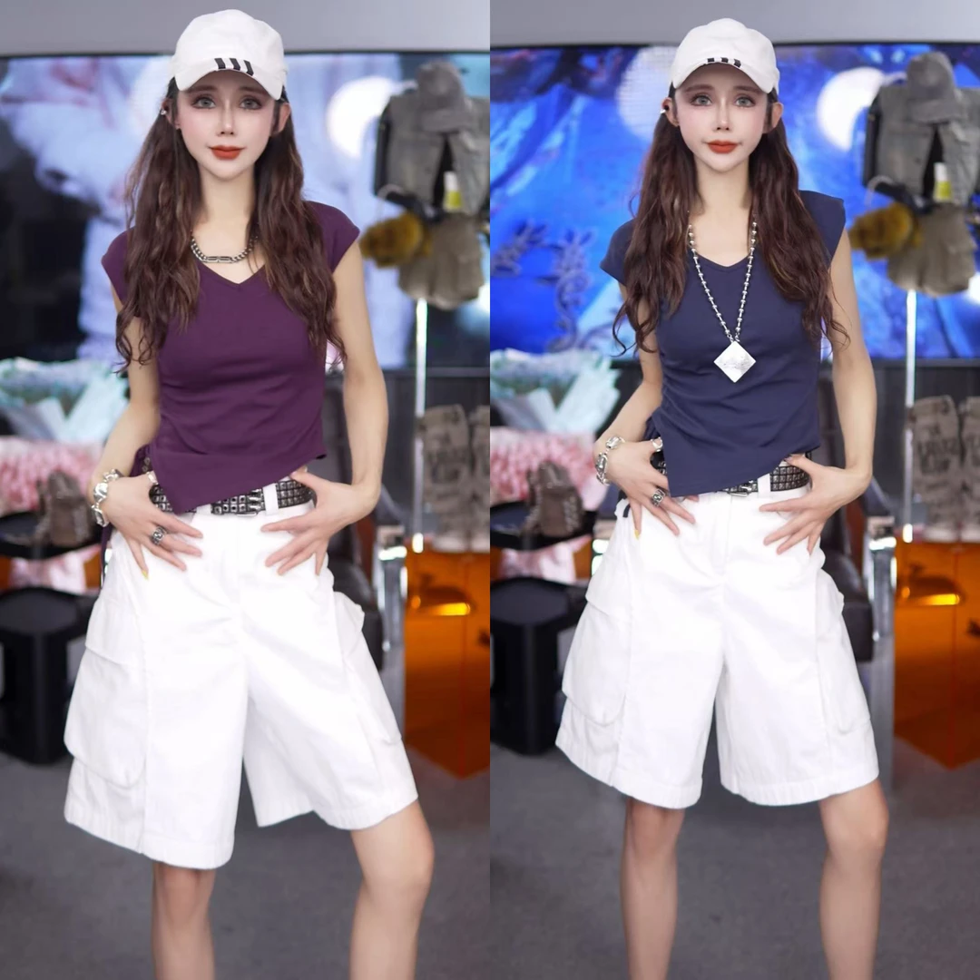 2025夏季新款辣妹不规则侧边抽褶收腰V领T桖时尚百搭显瘦上衣