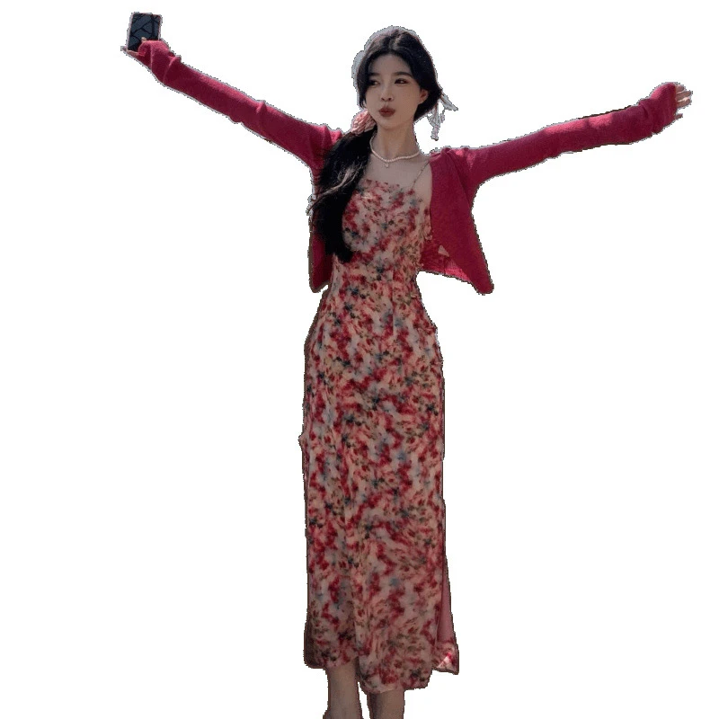 高级感穿搭法式复古套装2025显瘦国风印花吊带碎花收腰气质连衣裙