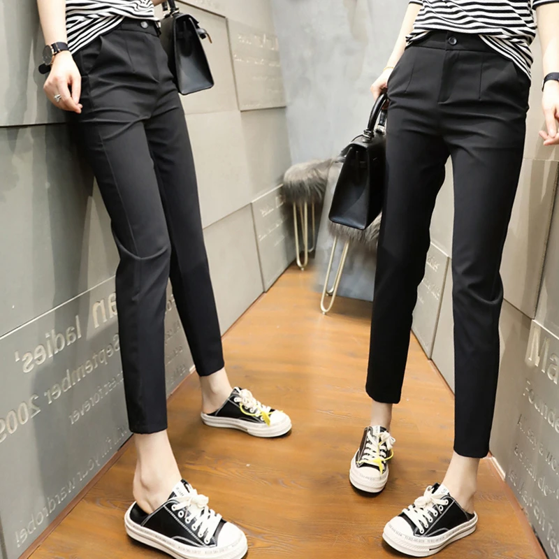 休闲西裤女职业直筒九分裤OL春夏新款小脚裤黑色显痩高腰铅笔裤薄
