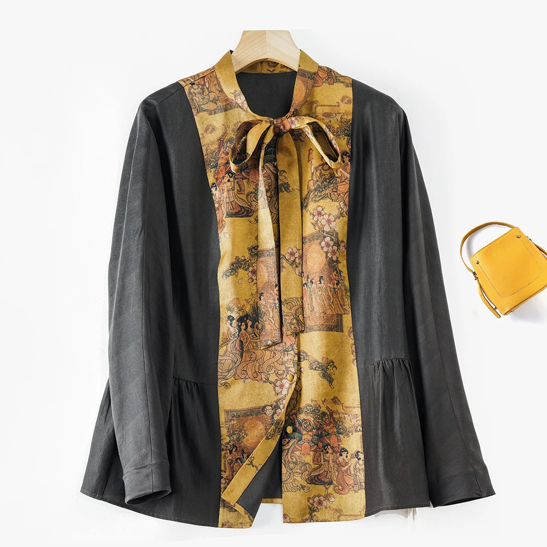 100%桑蚕丝香云纱绢丝人字纹国风复古高端女装长袖印花衬衫新中式