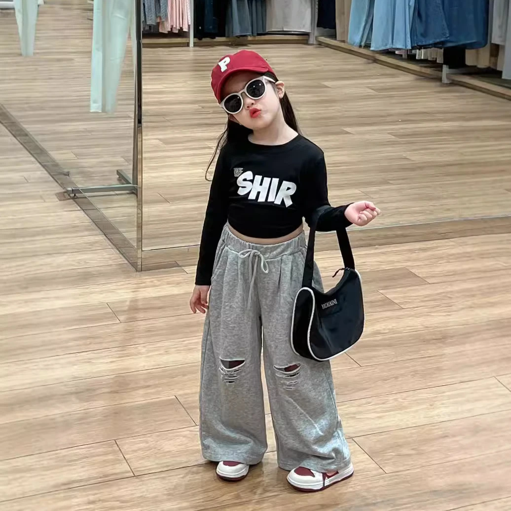 女童街舞套装2025春秋印花短款修身系带辣妹T恤上衣破洞直筒卫裤