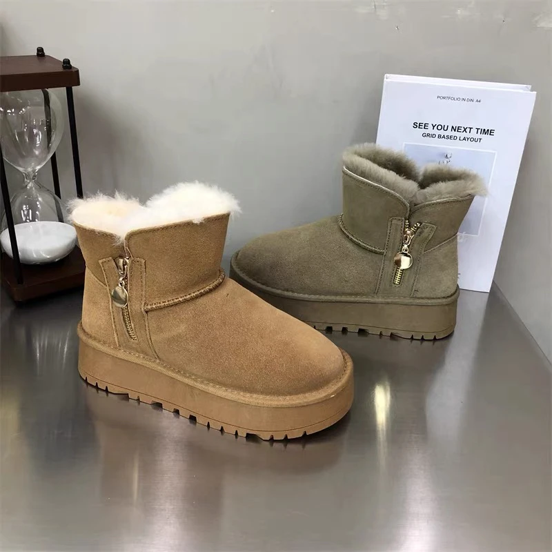 保暖冬季纯牛皮加厚羊毛厚底防滑侧拉链雪地靴休闲百搭女靴时尚