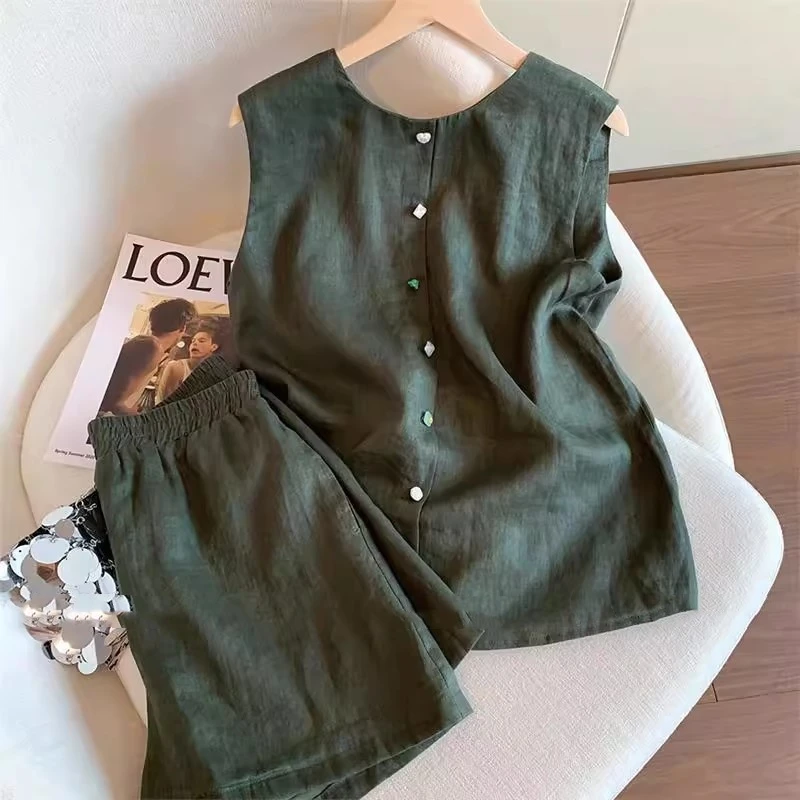 夏季300斤加大码老钱风绿色亚麻男女背心短裤套装情侣时尚两件套2