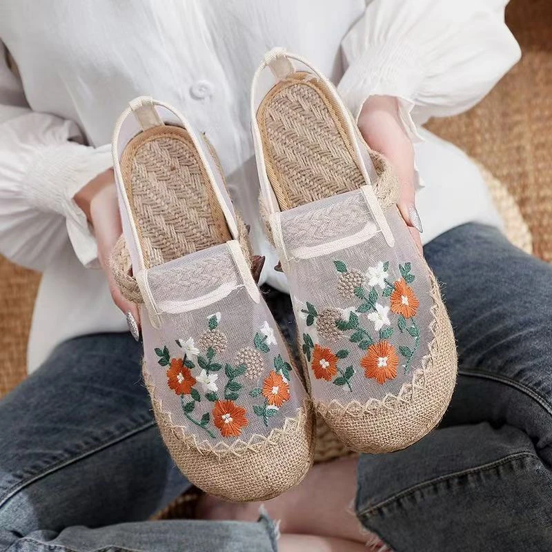 单鞋夏季青年绣花网鞋民族风网面低跟复古软底透气休闲布鞋古风