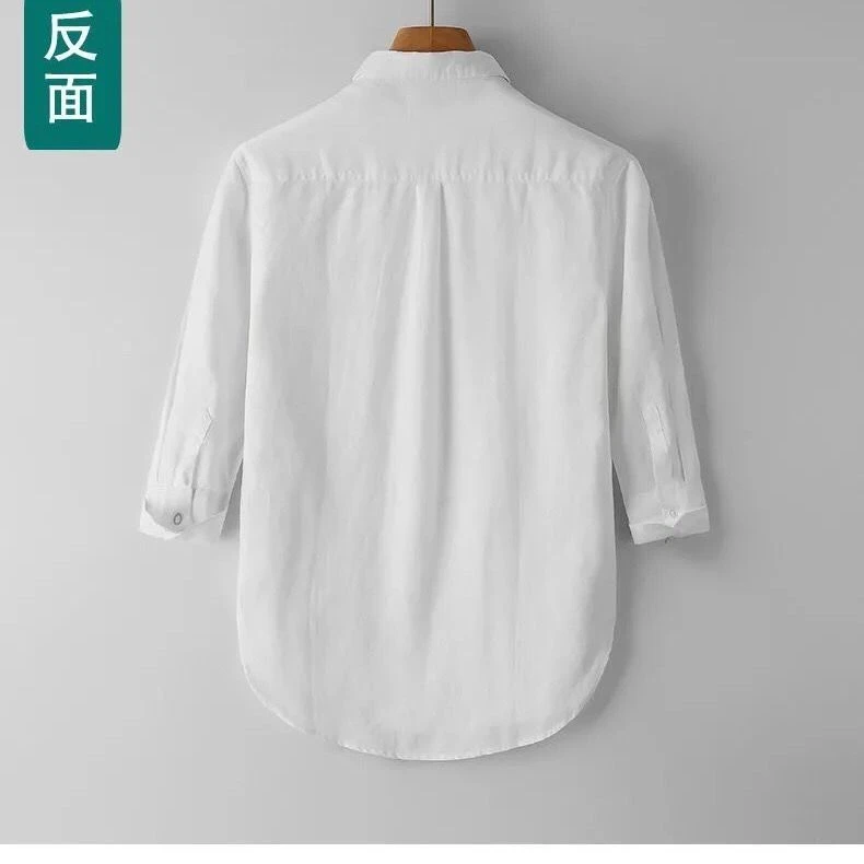 薄款麻料衬衫上衣大码透气七分袖宽松中袖亚麻夏季白衬衣休闲男士