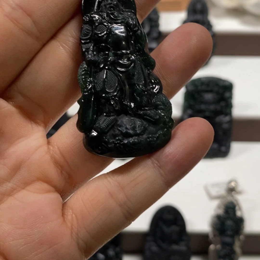 定制翡翠未镶嵌墨翠关二爷吊坠天然a货