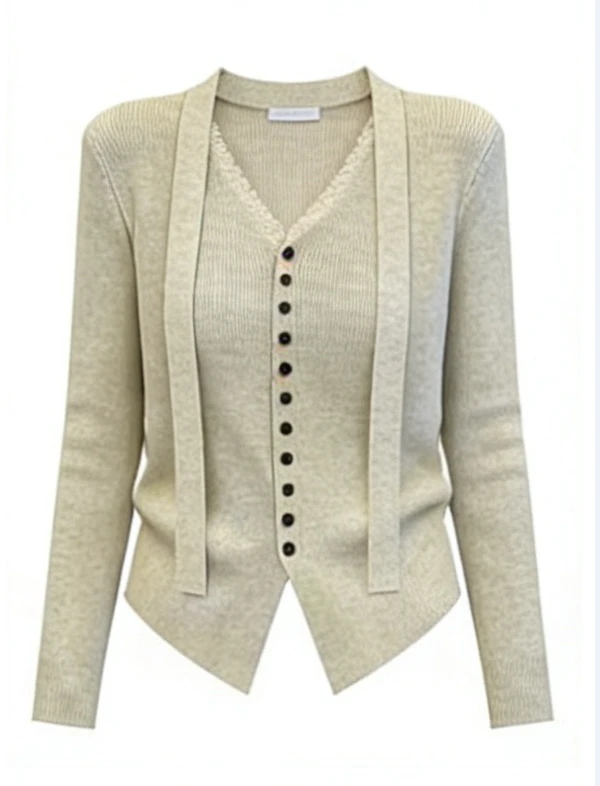 2025年新款飘带设计修身打底单穿V领抽皱收腰气质长袖针织衫毛衣