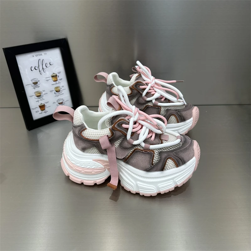 女士女款时尚休闲百搭系带拼接拼色夏季透气粉色低帮跑步潮流潮鞋