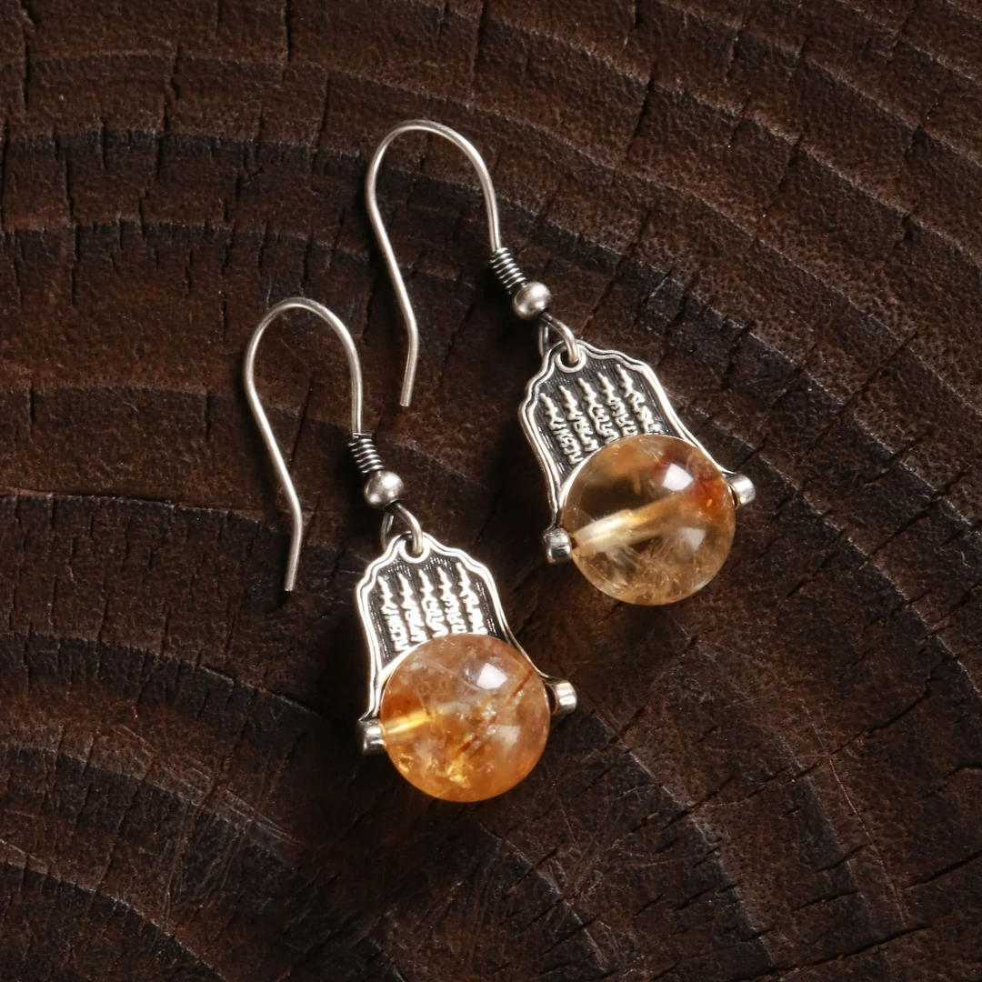 <一禅兄>S925银黄水晶五条经复古做旧圆形耳钩民族风个性小众耳环