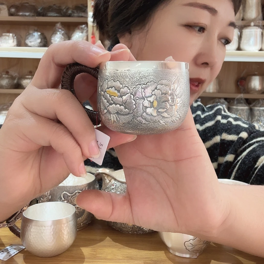 足银999牡丹花做旧主人杯