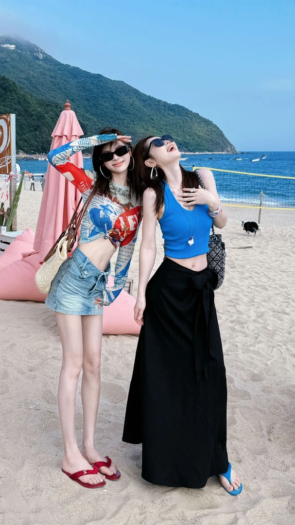 美式复古辣妹圆领印花长袖T恤女夏季防晒罩衫上衣牛仔半身短裙子