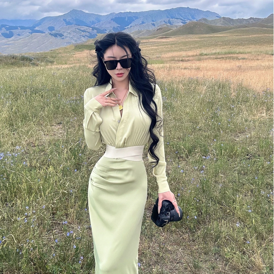 ANDREA骆杨倾城原创 2024夏季新款专属你的独宠芥末绿蚂蚁腰套装