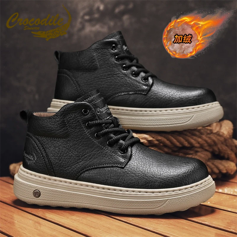 鳄鱼恤马丁靴男冬季加绒棉鞋中帮英伦风皮靴耐磨防滑防寒真皮男靴
