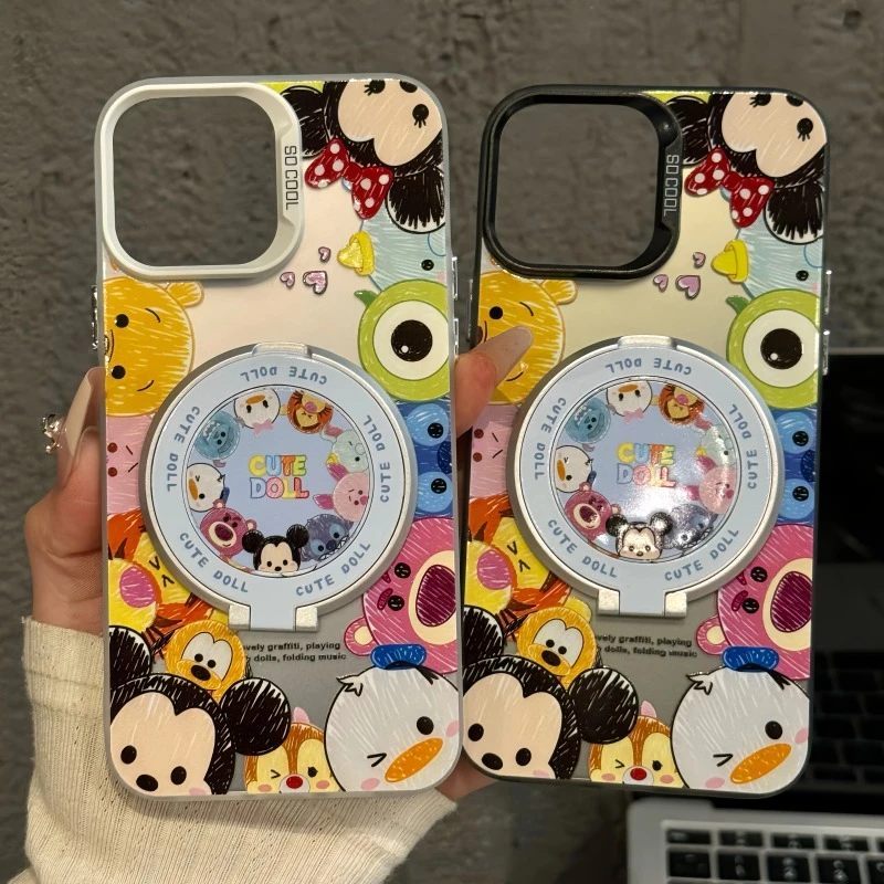 适用苹果16promax创意iPhone15手机壳磨砂彩涂鸦迪士尼玩偶堆堆乐