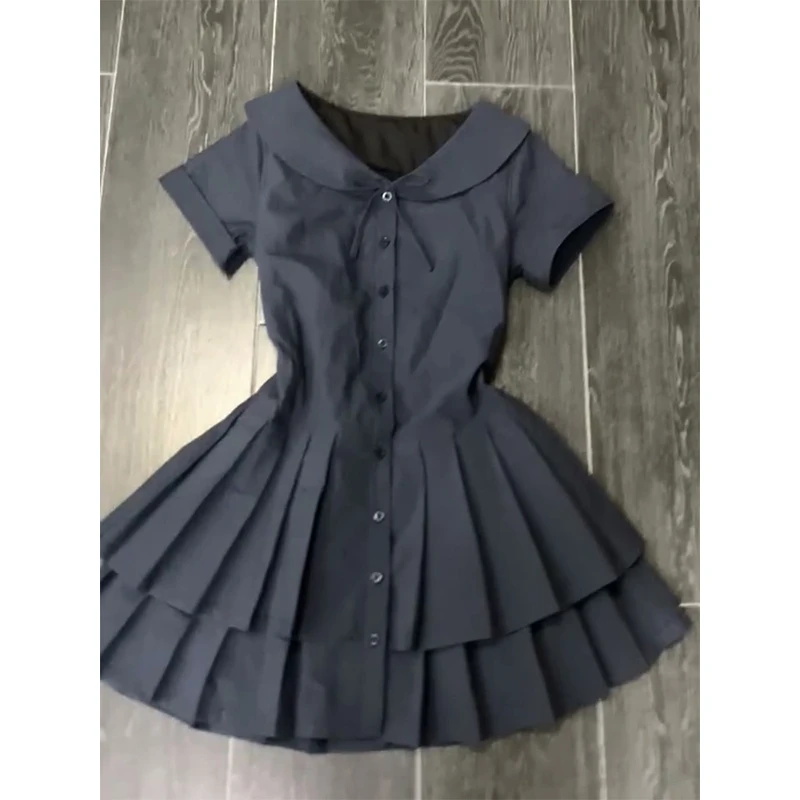 藏蓝色减龄娃娃领短袖连衣裙女夏季新款少女感后背绑带百褶蛋糕裙