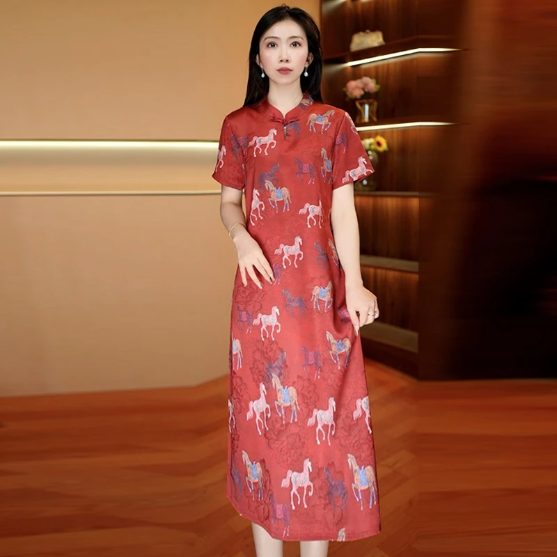 红绸骏影  气质中长款时连衣裙百搭遮肉裙子