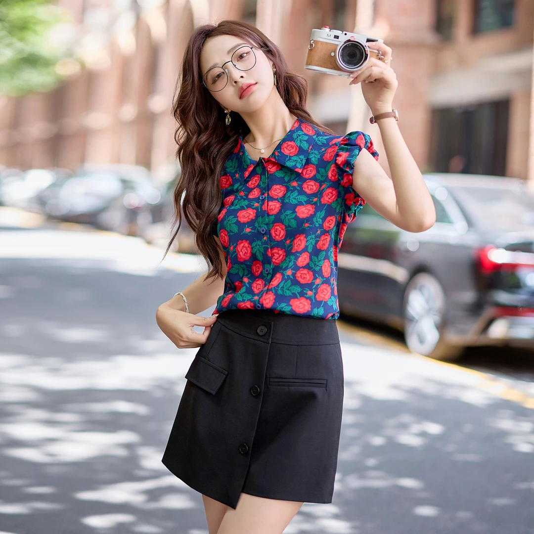 港风复古时尚套装女2025夏季甜美可爱碎花短袖衬衫洋气裤裙两件套