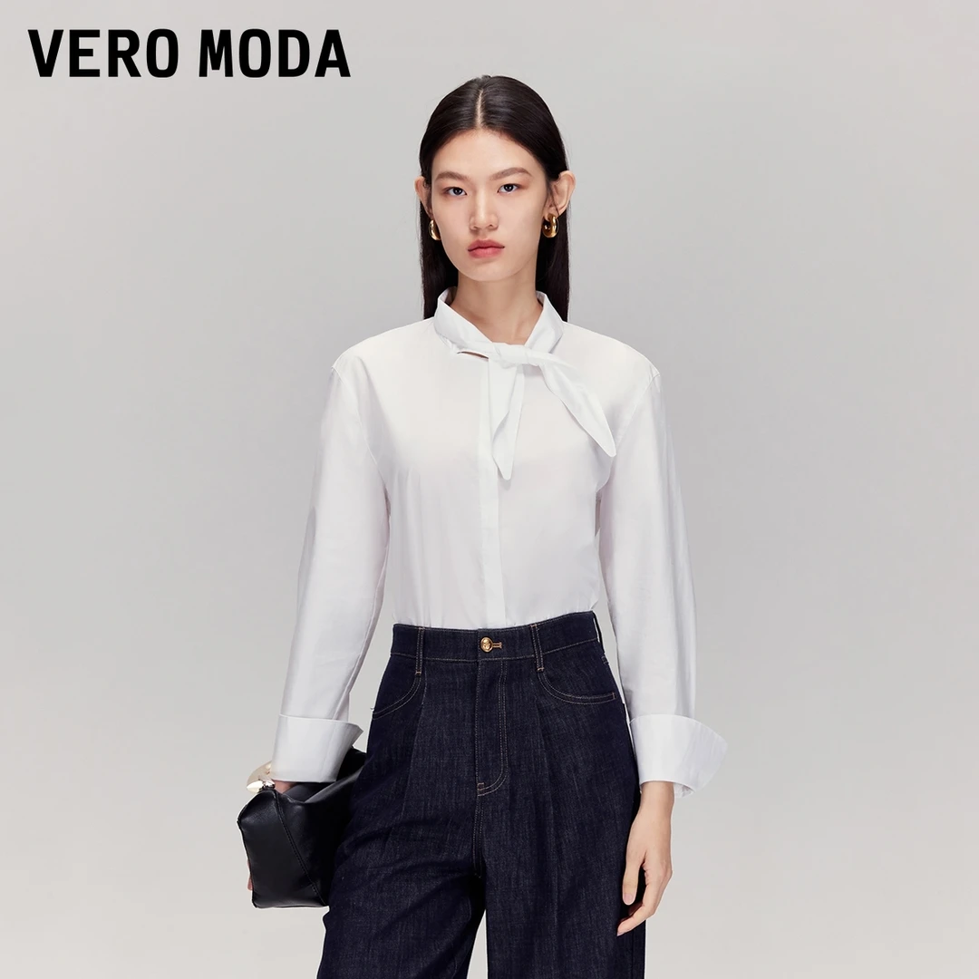 Vero Moda衬衫2025秋纯棉小立领领结饰百搭上衣老钱风松弛感女