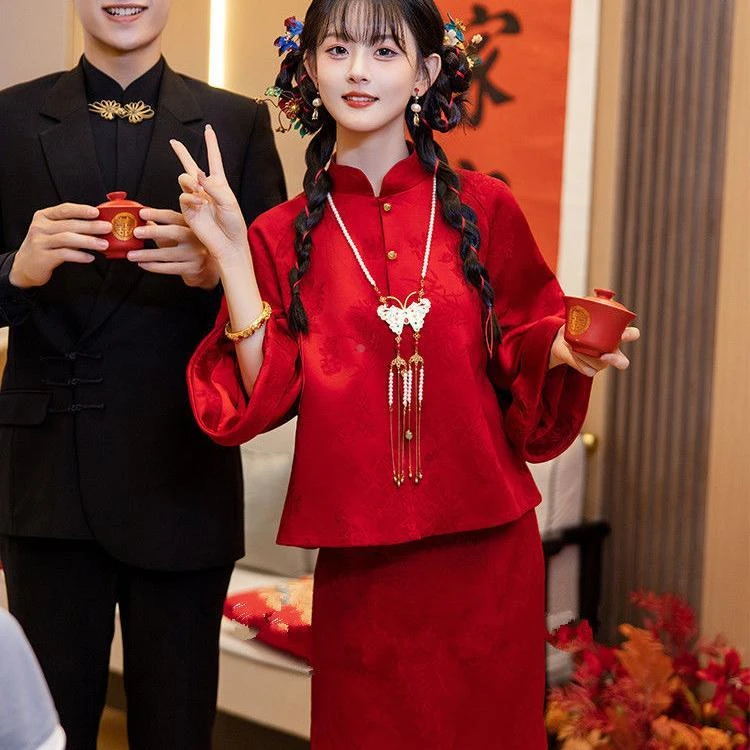 维多利亚红色新中式敬酒服改良旗袍春秋新款高端新娘订婚礼服回门