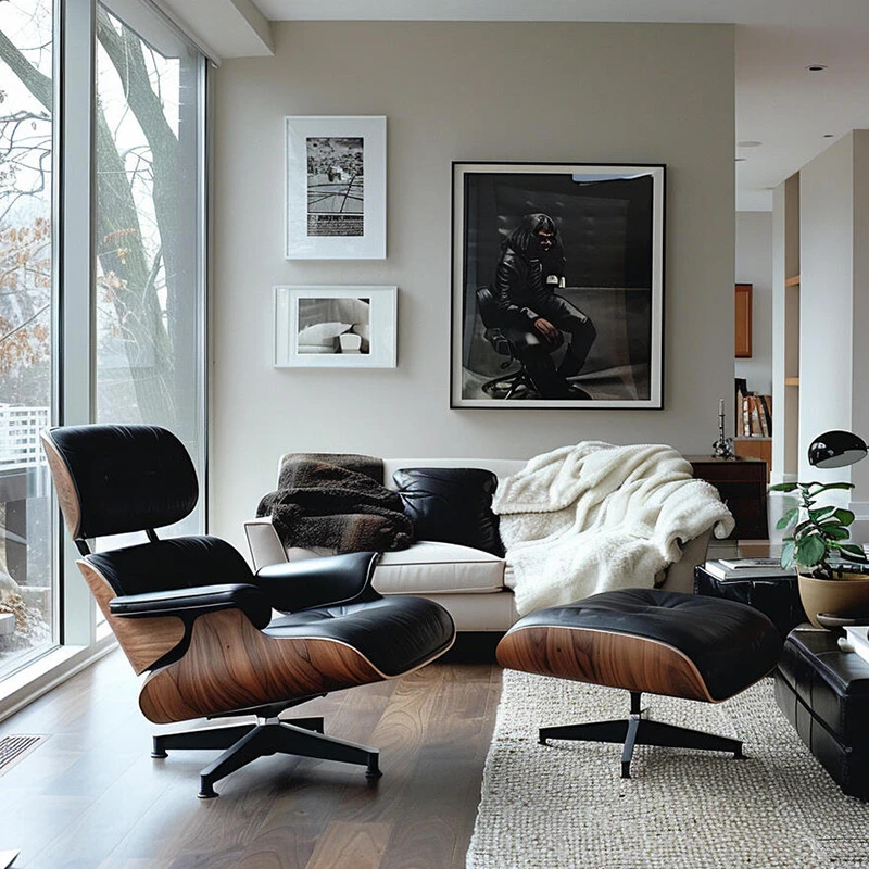 如恩伊姆斯躺椅真皮单人沙发意式极简中古侘寂风旋转休闲椅 CF056