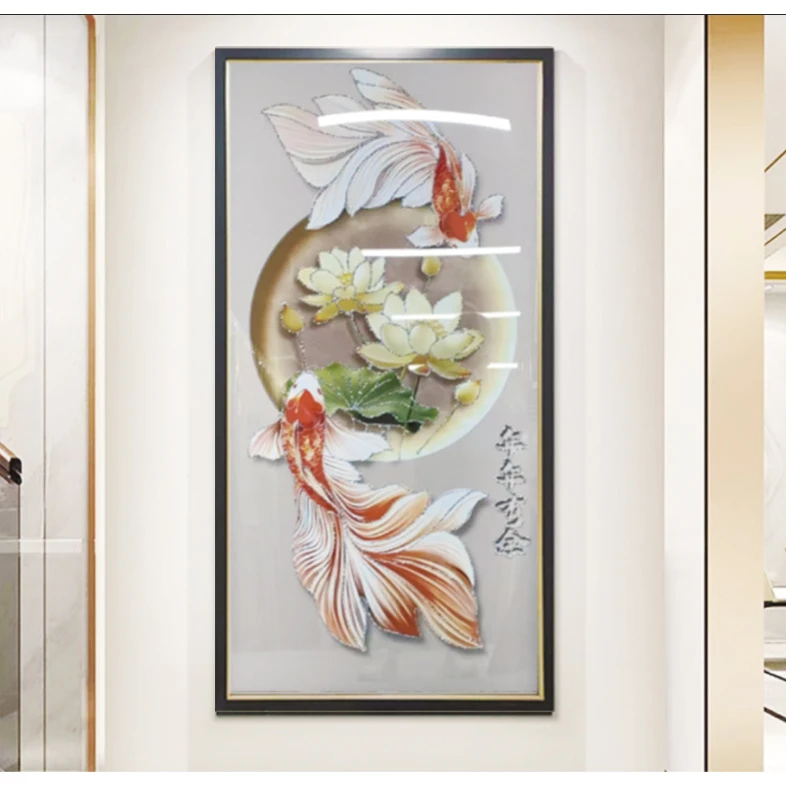 【观山】锦鲤荷花入户玄关装饰画过道背景画现代风玻璃面框80160