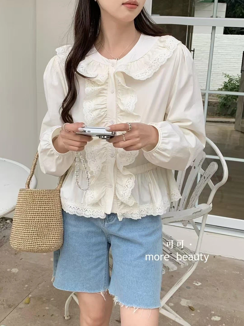 法夏尔严选可可家韩系百搭衬衫8035蕾丝衬衣长袖白色娃娃领甜美
