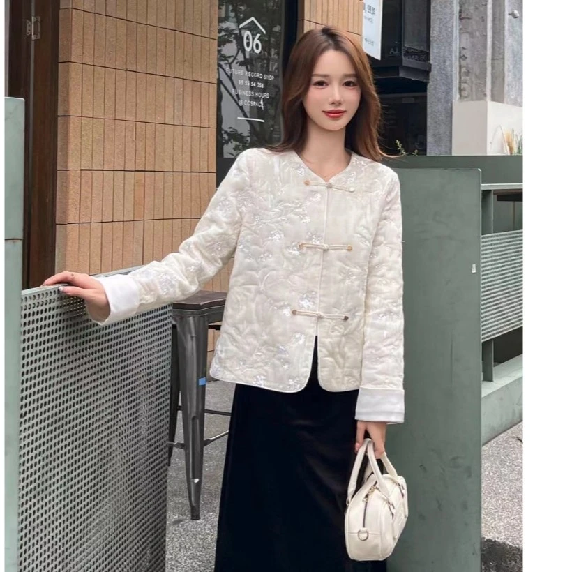 冬季新中式国风加棉加厚外套女时尚气质复古百搭圆领刺绣棉衣女潮