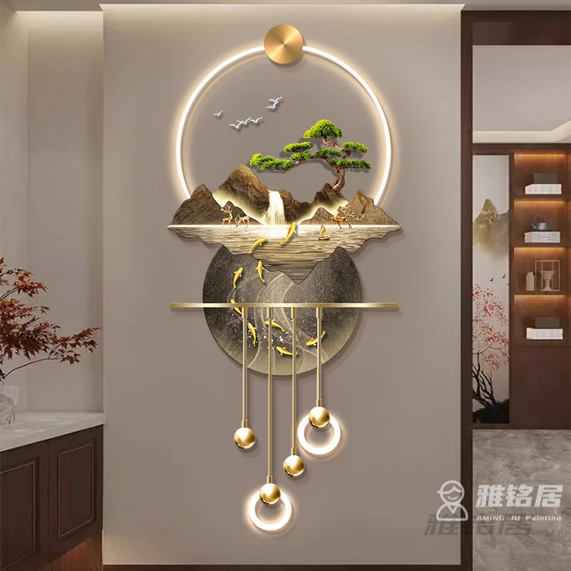 流水生财玄关装饰画入户走廊过道高档立体带灯金属吊坠新中式挂画