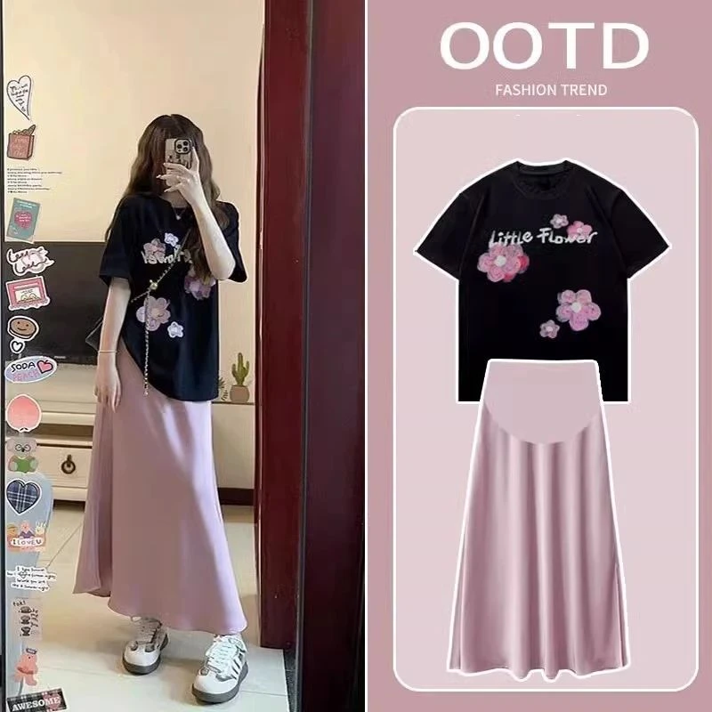 时髦孕妇装夏装套装2025新款韩版时尚显瘦黑色花朵上衣半身裙两件