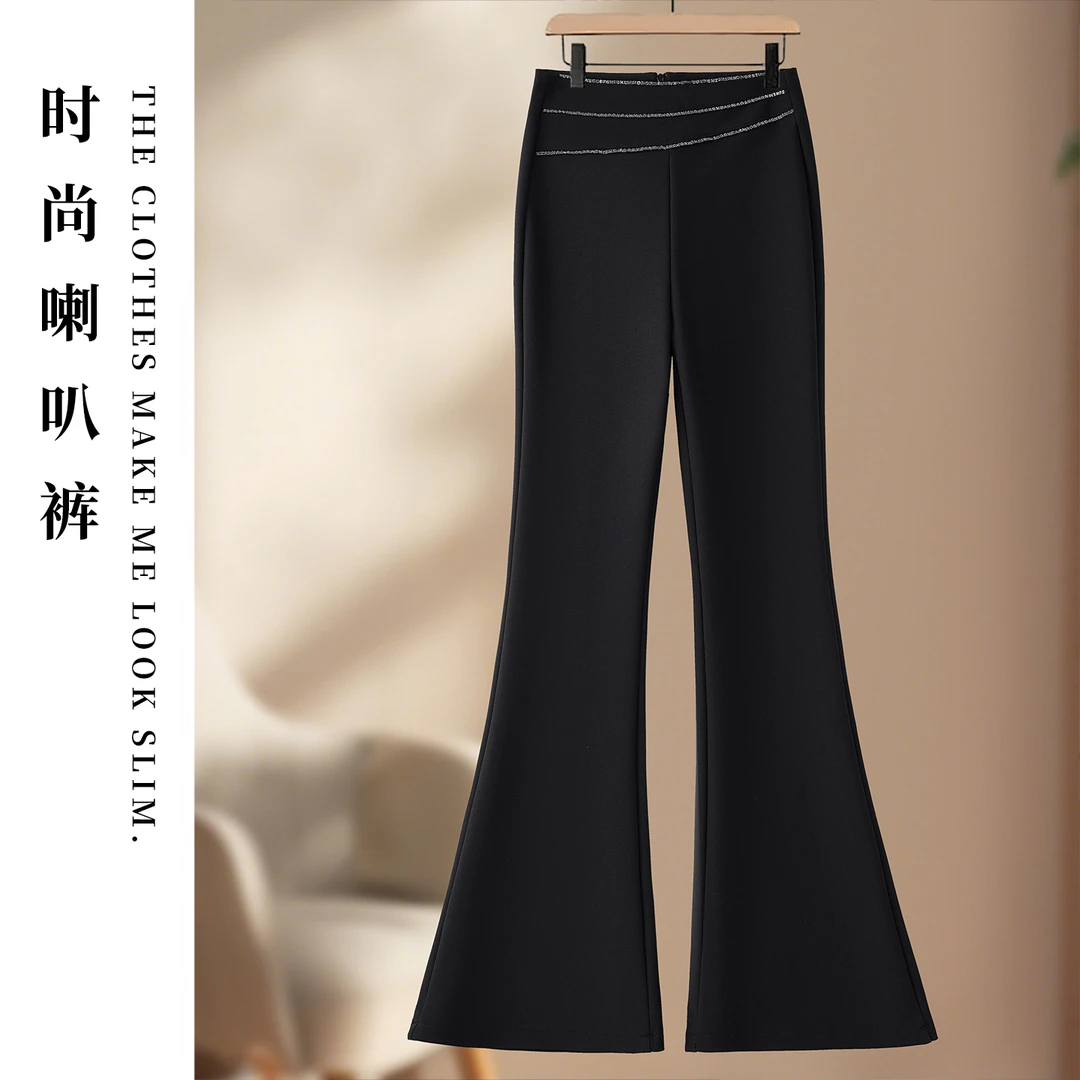拉夏贝尔黑色直筒喇叭裤女秋季2025新款设计感高腰显瘦垂感休闲裤