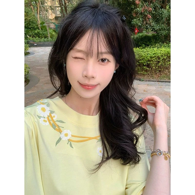 美式复古过肩刺绣设计圆领短袖T恤女夏季潮牌宽松慵懒风减龄上衣