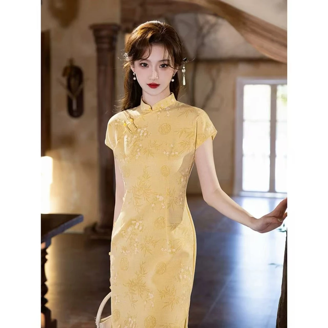 【C102经典】高端气质绝美黄色新中式改良修身旗袍裙女夏季2025新款