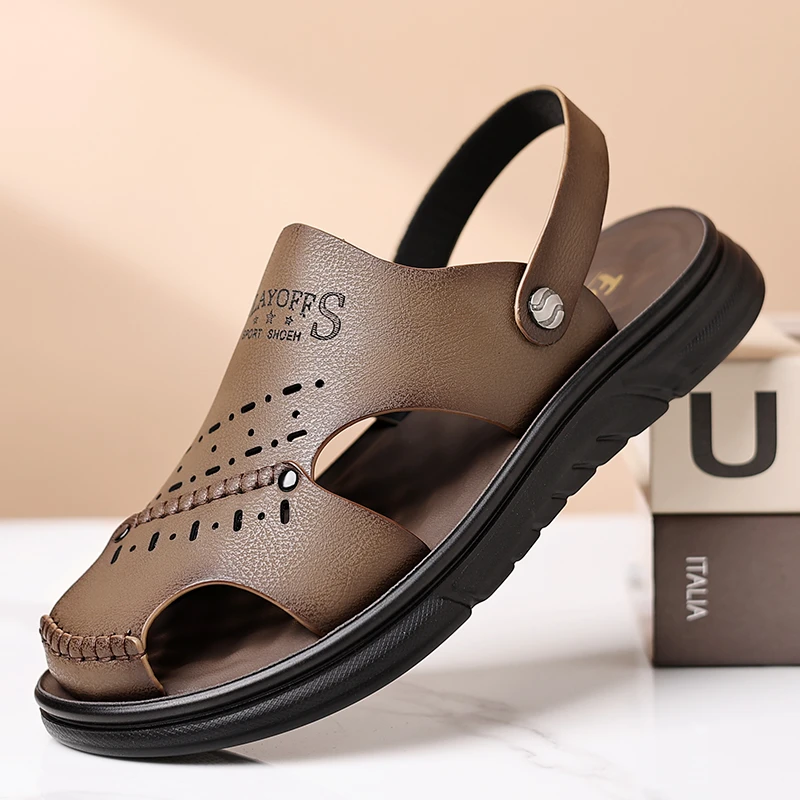 夏季新款男士专业户外两穿休闲防滑真牛皮开车鞋沙滩包头凉鞋拖鞋