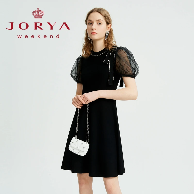 卓雅周末优雅蝴蝶结泡泡袖收腰针织连衣裙EJWCBQ54