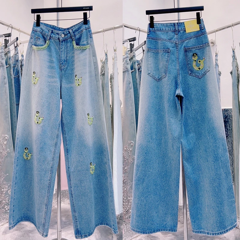 春季新款重工钉珠刺绣小蛇撞色设计宽松显瘦高腰阔腿牛仔裤 #9089