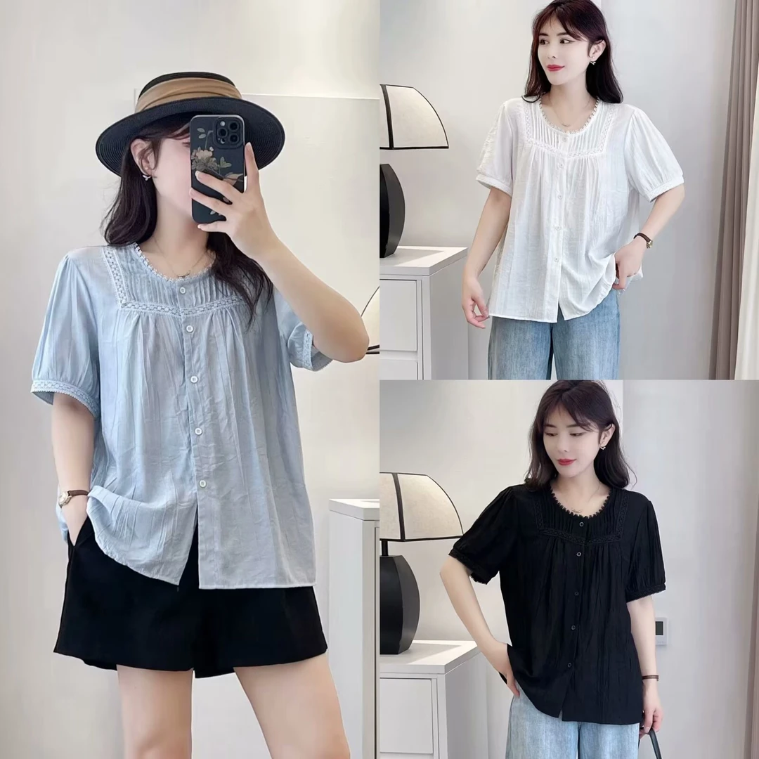 大码女装 胸108-132 法式蕾丝边衬衫8979#