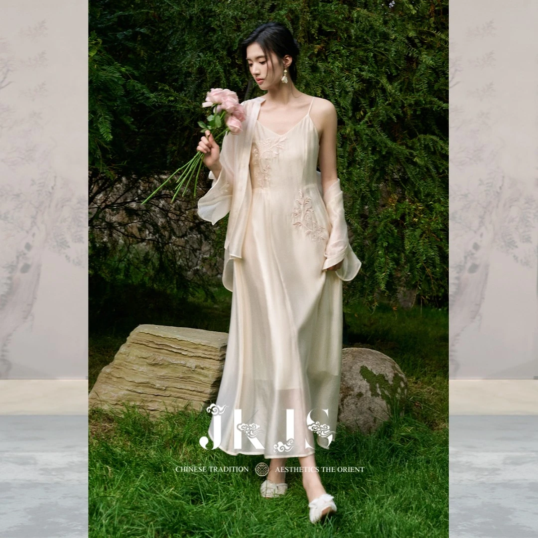 【JKJS】人丝吊带裙新中式连衣裙女夏长款绣花裙子+衬衫