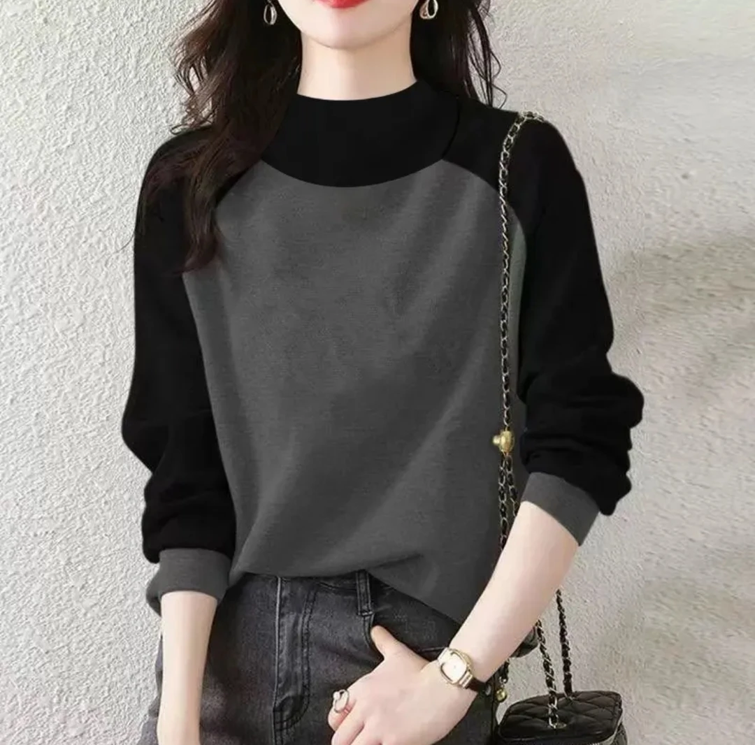 插肩袖半高领百搭黑拼灰打底衫秋冬内搭长袖宽松遮肚子t恤女上衣