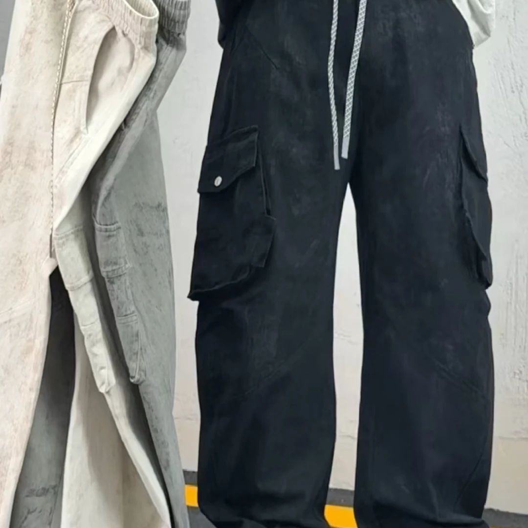 中腰工装风工装裤口袋秋季休闲裤直筒卫裤黑色宽松