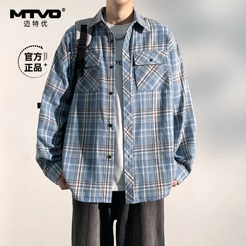 MTVO迈特优春季新款格子长袖衬衫男士休闲潮流格子翻领上衣  5028