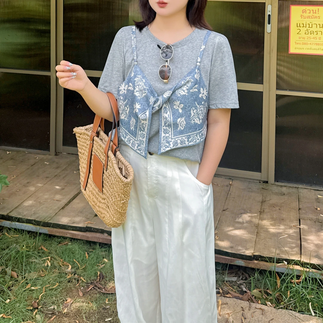 2025夏季款复古大码女装T恤拼接丝巾吊带假两件圆领短袖宽松上衣
