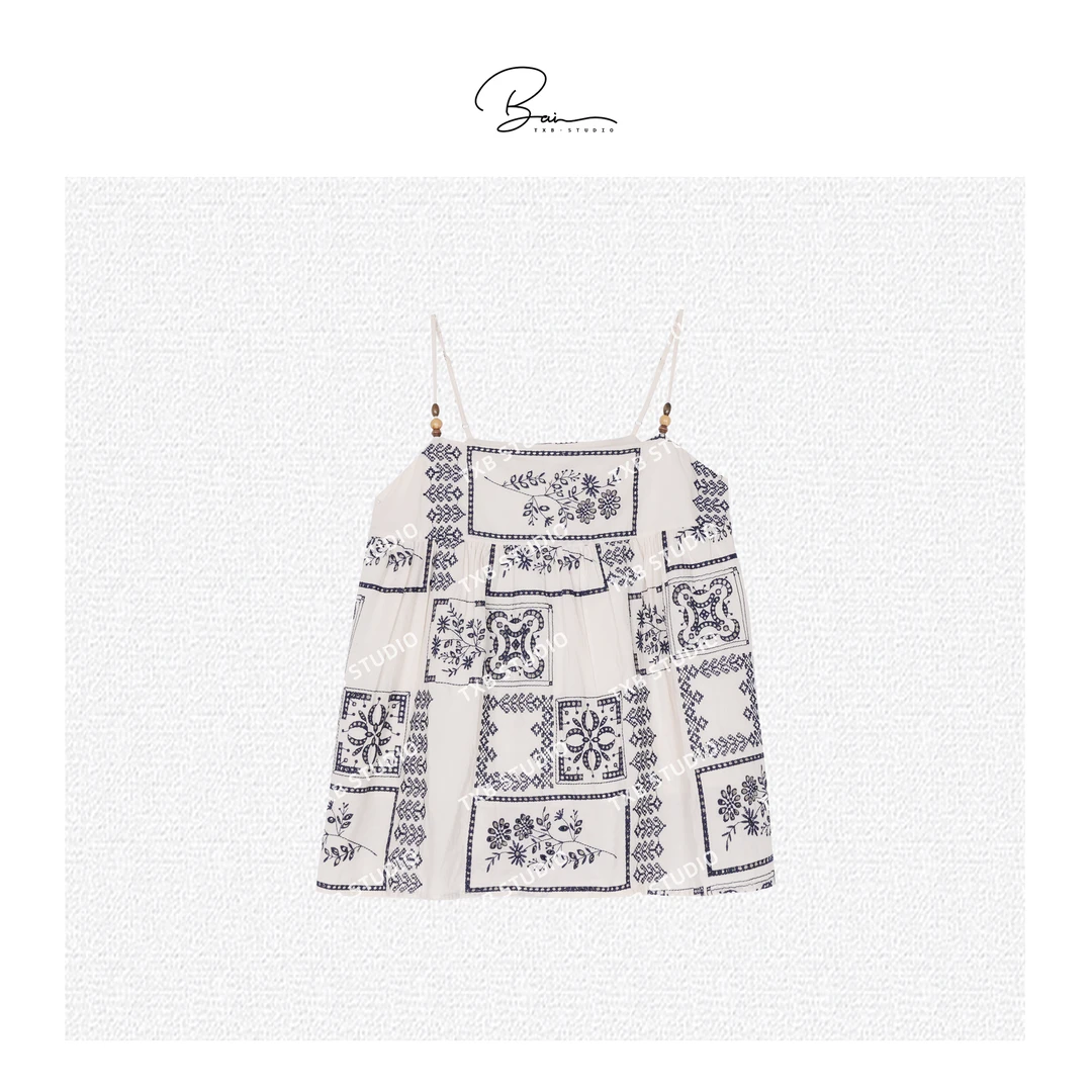 TXB 25夏棉质重工绣花提花刺绣宽松木珠吊带背心XB-7537
