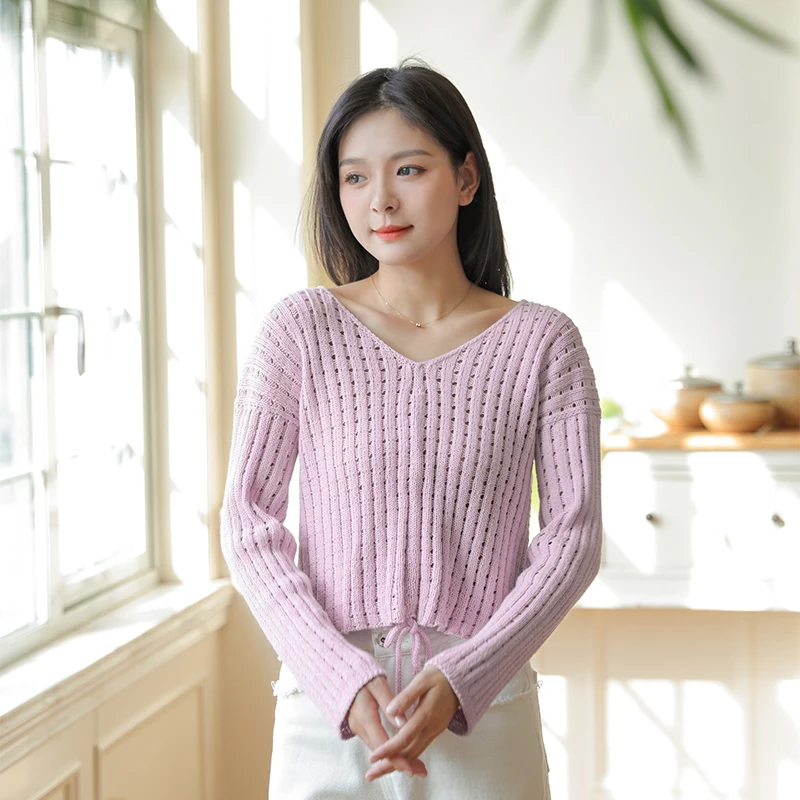 毛儿手作 依琳 女士V领抽绳毛衣材料包 棒针手工编织diy 竹苇棉