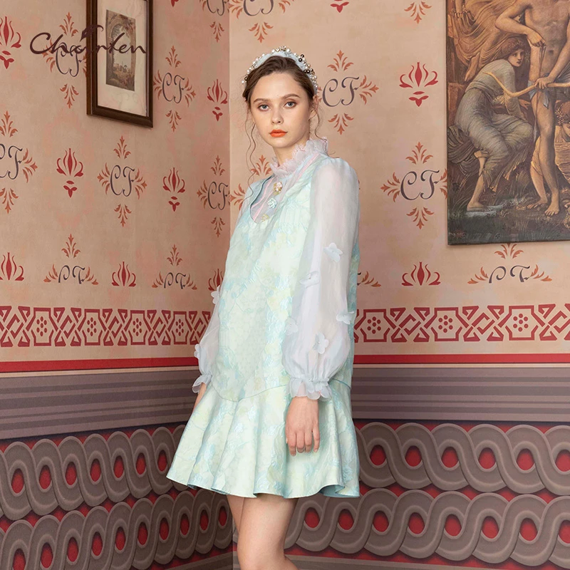 【达人】CHARFEN朝峰小清新长袖中长连衣裙CFD1A100-1090G