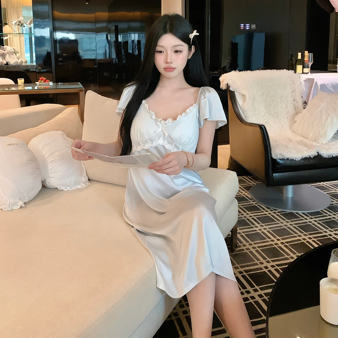 法式复古睡衣女甜美带胸垫夏季短袖中长款冰丝公主风睡裙蕾丝纯欲