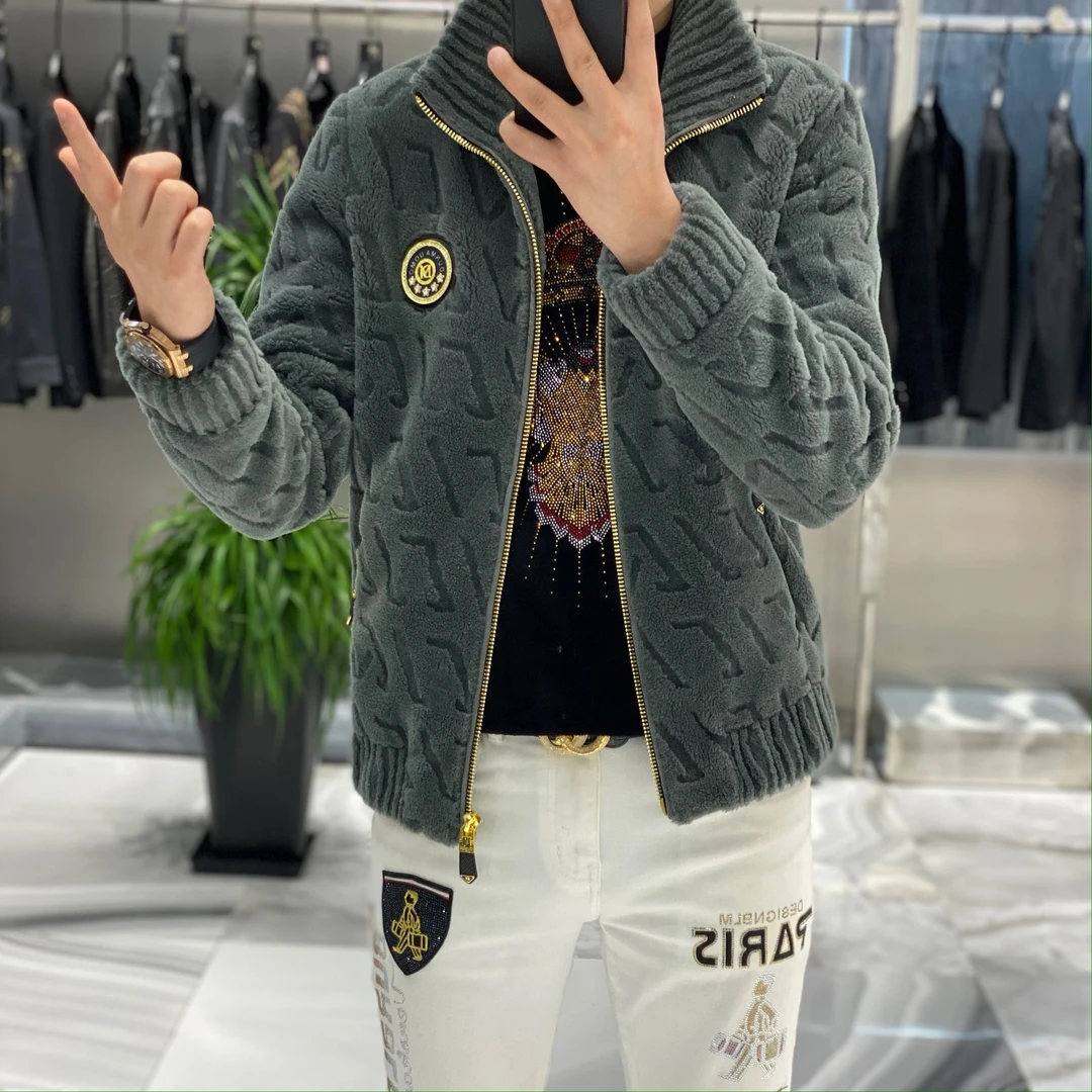 【男狼甄选】男士绵羊毛雕花修身百搭时尚潮流冬季新品立领 夹克