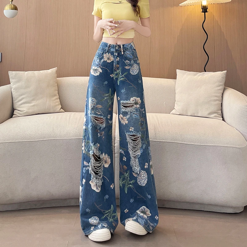 印花破洞阔腿牛仔裤女2025年新款夏季薄款垂感宽松时髦百搭直筒裤