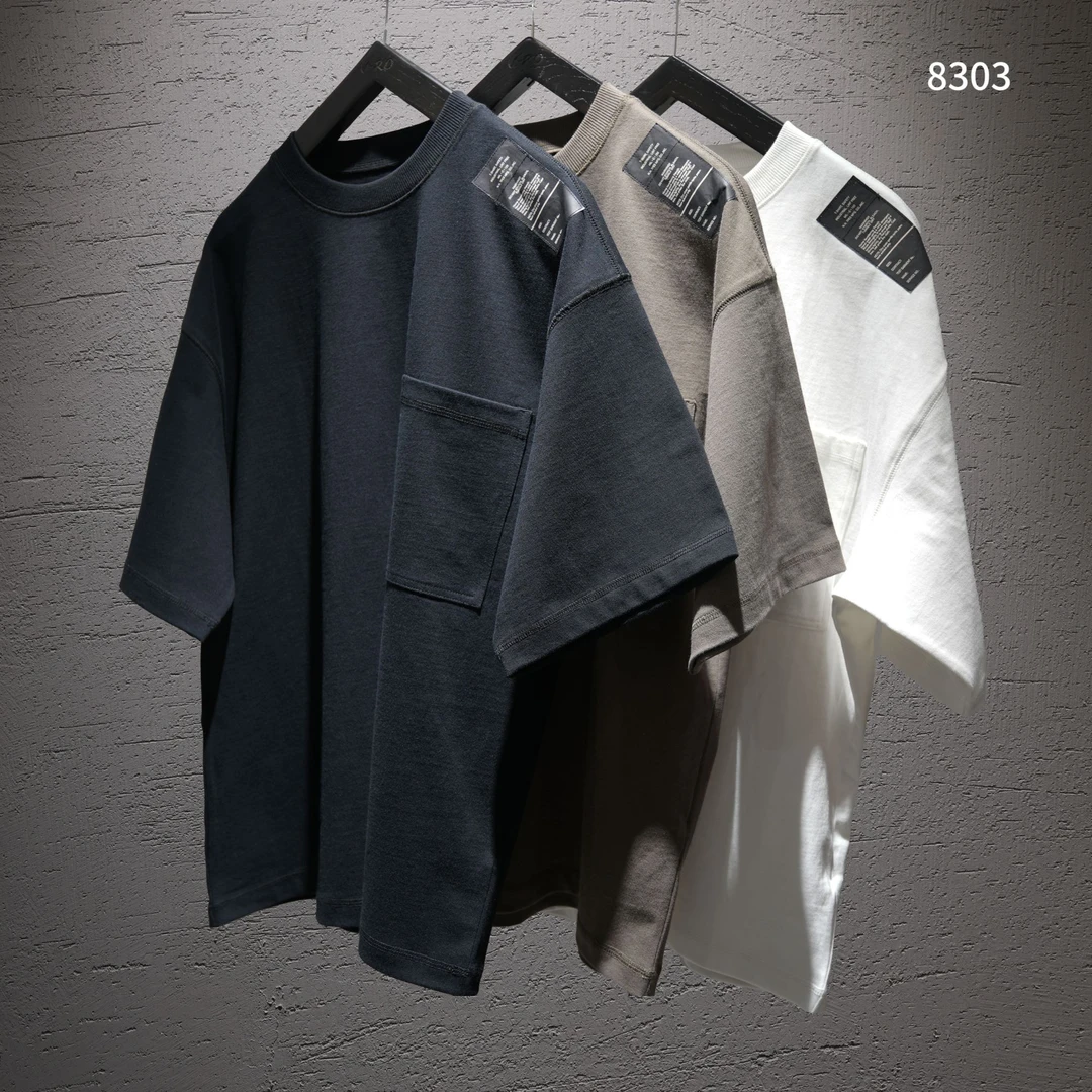 V-RO8303"肩部字标“日本330克长绒棉设计师三色针织短袖