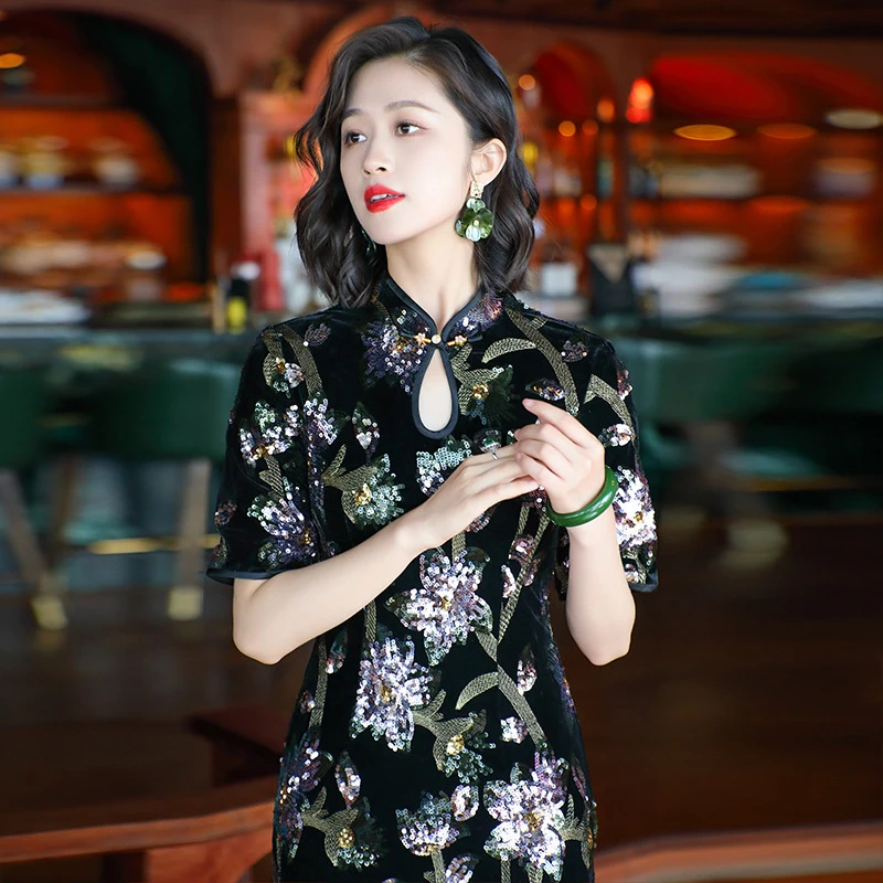 [千蚕云锦]中国风女装复古黑色丝绒亮片刺绣礼服妈妈旗袍裙24316